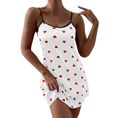 Women's Heart Print Salad Trim Satin Underwear Sleepwear Hooded Mini Women Sexy Nightdress Lace Nightdress Valentine's Day Lingerie Red, White, M