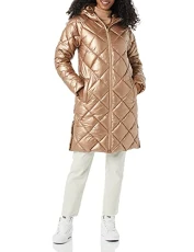 Women's Heavyweight Diamond Quilted Knee Length Puffer Coat, Metallic Taupe, XL Women's Heavyweight Diamond Quilted Knee Length Puffer Coat, Metallic Taupe, XL