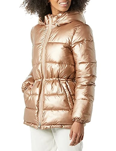 Women's Heavyweight Puffer Jacket with Drawstring Waist, Metallic Taupe, L