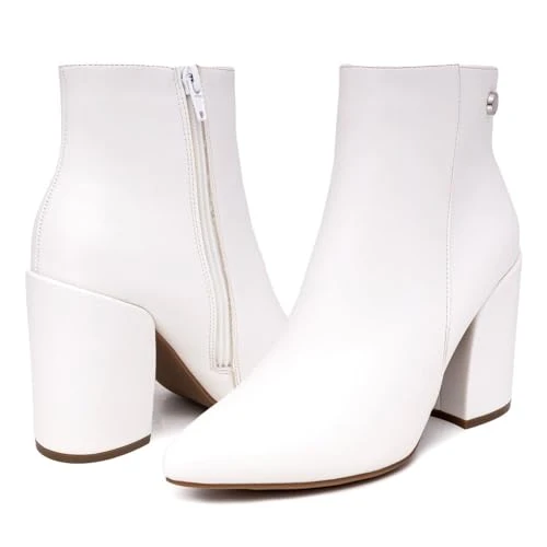 Women's Heeled Ankle Bootie with Pointed Toe, Block Heel, and Side Zipper for Winter - Yeva, White, 