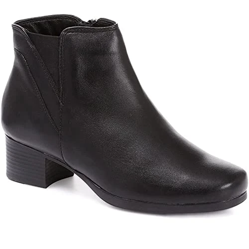 Women's Heeled Leather Ankle Boots in Black - Chelsea Style Shoes with Side Zip - Comfort Fit Soft L