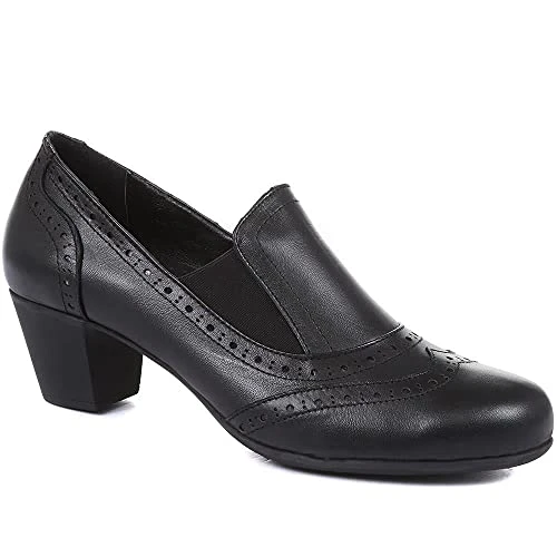 Women's Heeled Leather Loafers in Black - Slip-On Design with Elastic Insets - Comfortable Block Hee