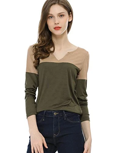 Women's Henley Split V-Neck Tops Long Sleeve Color Block T-Shirt Khaki 16