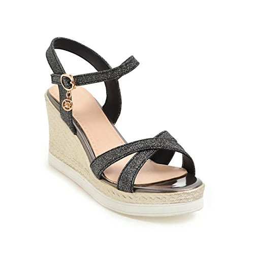 Women's High Heel Casual Summer Sandals PU Leather Platform Wedge with Ankle Straps (EU 41, Black)