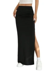 Women's High Split Ruched Pencil Maxi Skirt Slim Fit Casual Long Bodycon Skirts Plain Black Large