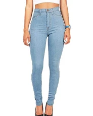 Women's High Stretch Jeans High Waist Slim Fit Long Jeans Solid Color Denim Trousers Sky Blue S