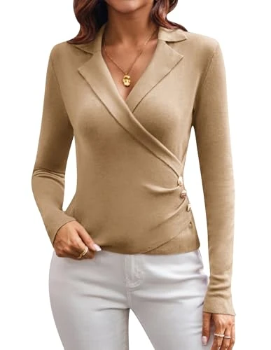 Women's High Stretch Short Knit Sweater Reteo Slim Fit Basic Shirts Work Business Office Tops Khaki S