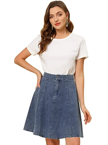 Women's High Waist A-Line Flared Pleated Casual Midi Denim Skirt Light Blue 12