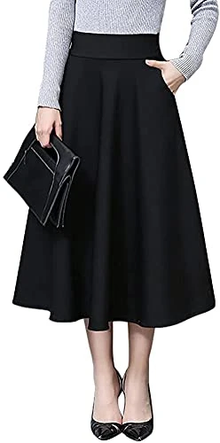 Women's High Waist A-Line Midi Pleated Skirts with Pockets (6, Black)