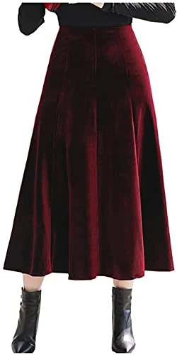 Women's High Waist Bodycon Velvet Midi Skirt A-line Pleated Swing Cocktail Party Casual Skirt (14, Red)