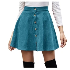 Women's High Waist Button Front Corduroy Skirts Classic Plain Khaki/Blue/Green Flare A Line Short Mini Skirt