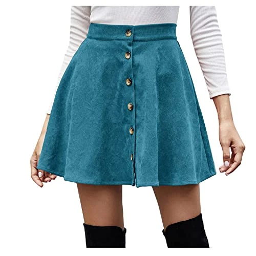 Women's High Waist Button Front Corduroy Skirts Classic Plain Khaki/Blue/Green Flare A Line Short Mini Skirt