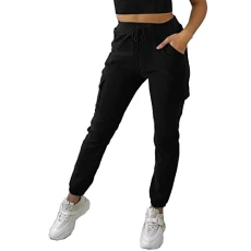 Women's High Waist Casual Relaxed Stretch Fit Cargo Combat Sweatpants - Black Stone Blue Grey Khaki Nude Rust - S/M - L/XL (UK, Alpha, L, XL, Regular, Regular, Black, Relaxed)