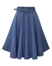 Women's High Waist Denim Skater Skirt Midi Length with Belt Light Blue M Women's High Waist Denim Skater Skirt Midi Length with Belt Light Blue M
