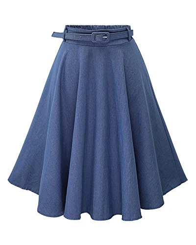 Women's High Waist Denim Skater Skirt Midi Length with Belt Light Blue M