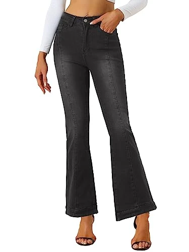 Women's High Waist Flare Jeans Retro Stretchy Denim Jean Pants Bell Bottom Jeans, Black, M