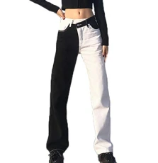 Women's High Waist Irregular Stitching Pants Straight Leg Jean Button Stretch Denim Pants