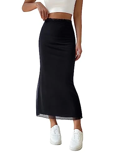 Women's High Waist Lace Mesh Bodycon Pencil Midi Skirt Elegant Long Skirts Black S