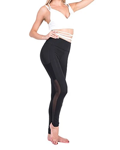 Women's High Waist Leggings with Waistband Pocket Quick Dry Breathable Mesh Yoga Pants Outdoor Fitness Running Leggings Black S
