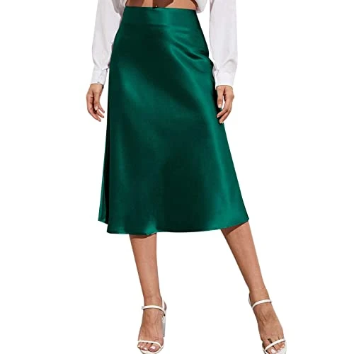 Women's High Waist Midi Skirt Solid Satin Dress Zip Elegant Summer Skirts Summer, Green, L