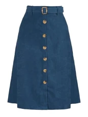 Women's High Waist Midi Skirts A-Line Button Front Belted Corduroy Skirt Peacock Blue M