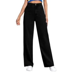 Womens High Waist Straight Wide Leg Jeans Classic Distressed Cotton Washed Denim Pants 2024 Trendy Summer Ripstop Wear-Resistant Daily House Pure Color Trousers with Pockets