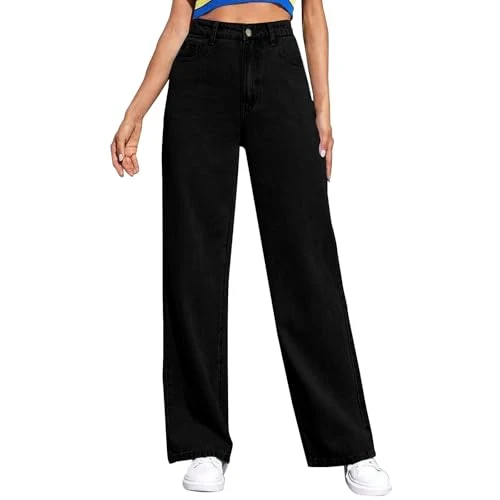 Womens High Waist Straight Wide Leg Jeans Classic Distressed Cotton Washed Denim Pants 2024 Trendy Summer Ripstop Wear-Resistant Daily House Pure Color Trousers with Pockets