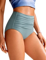 Women's High Waist Swim Bottoms Ruched Solid Bikini Brief Tummy Control Retro Full Coverage Tankini Bottom Light Grayish Blue 10