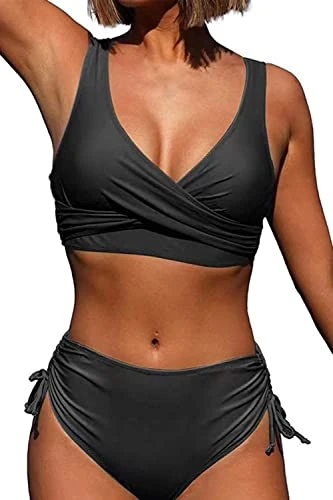 Womens High Waisted Bikini Set Sexy Push Up Cross Wrap Twist Front Swimsuit Tie Side 2 Piece Solid B