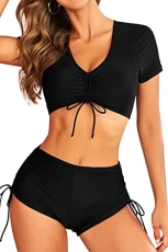 Women's High Waisted Bikini Set V Neck Short Sleeve Padded Drawstring Two Piece Bathing Suit Swimsuit, Black, Medium Women's High Waisted Bikini Set V Neck Short Sleeve Padded Drawstring Two Piece Bathing Suit Swimsuit, Black, Medium