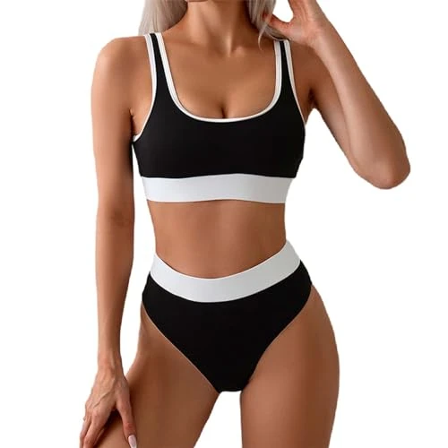 Women's High Waisted Bikini Sets Sporty Two Piece Swimsuits Color Block High Cut Bathing Suits Girls Plus Size Guard Bathing Suit (Black, L)