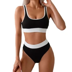 Women's High Waisted Bikini Sets Sporty Two Piece Swimsuits Color Block High Cut Bathing Suits Girls Plus Size Guard Bathing Suit (Black, L)