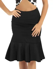 Women's High Waisted Fishtail Mermaid Skirt Stretch Bubble Hem Peplum Pencil Skirt Clubwear Black X-Small