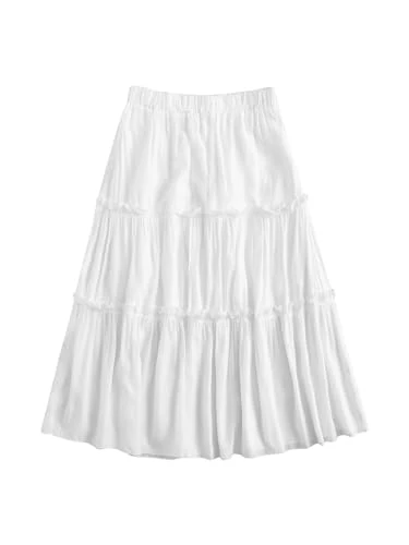 Women's High Waisted Layered Swing Flowy Skirt Frill Trim Summer Midi Skirts White S