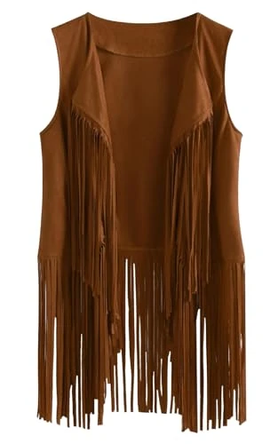 Womens Hippie 70s Fringe Trim Vest Jackets Faux Suede Tassels Open Front Vest Cardigans Cowgirl Wood