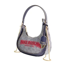 Women's Hobo Bag, Striped Denim Crescent Handbag and Adjustable Chain Strap, Navy
