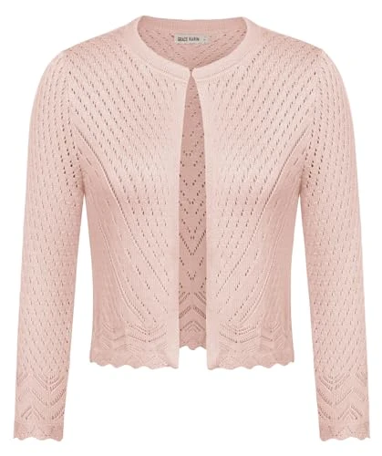 Women's Hollow Crew Neck Cardigan 3/4 Sleeve Elegant Versatile Pullover Cut Knitwear, lightpink, M