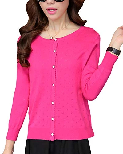 Womens Hollow Out Fine Knit Cardigan Slim Round Neck Long Sleeve Button Sweater Coat Outwear Rose M