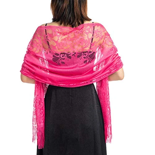 Women's Hollow Out Lace Shawl Pashmina Wedding Party Bridal Wrap Stole Scarf with Tassel (Hot Pink)