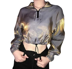 Women's Holographic Shiny Long Sleeve Zipper Hip Hop Clubwear Crop Jacket Outwear