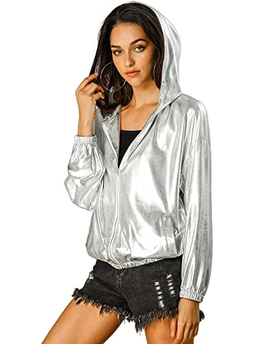 Women's Holographic Shiny Long Sleeve Zipper Hooded Metallic Jacket Silver S