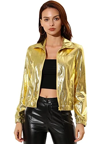 Women's Holographic Shiny Party Christmas Long Sleeve Lightweight Zipper Metallic Jacket, Golden, L