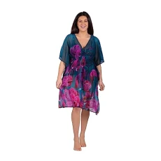Womens Honolulu V-Neck Maxi Kaftan Beach Dress (Floral Teal, S/M)