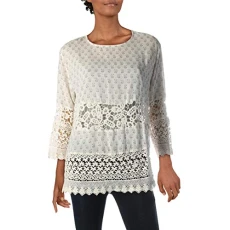Women's Honshu Sheer Lace Paisley Print Long Sleeve Top Blouse, Cream, 4 Women's Honshu Sheer Lace Paisley Print Long Sleeve Top Blouse, Cream, 4