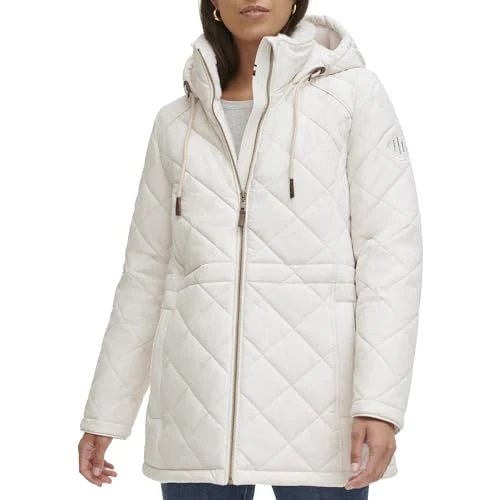 Women's Hooded Diamond Adjustable Waist Quilted Coat, White Sand, L