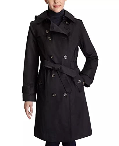 Women’s Hooded Double-Breasted Trench Coat Black Small, Black, Small