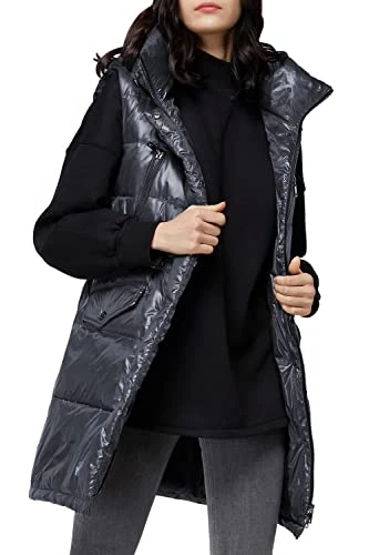 Women's Hooded Down Vest Glossy Mid-long Gilet Coat High Neck Black M