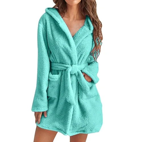 Women's Hooded Fleece Bathrobe Lightweight Soft Plush Short Flannel Sleepwear Fleece Bathrobe with Hood Plush Soft Bathrobe Women's Lace Dressing Gown Ladies Fluffy Short, Mint Green, M