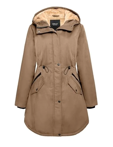 Women's Hooded Fleece Lined Parka Coat Mid-Length Winter Outdoor Padded Jacket Khaki M