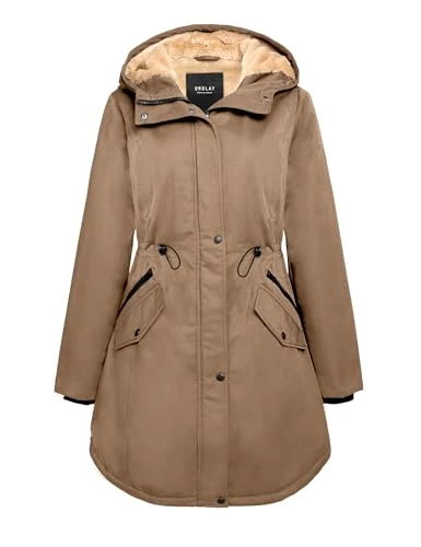 Women's Hooded Fleece Lined Parka Coat Mid-Length Winter Outdoor Padded Jacket Khaki XXL